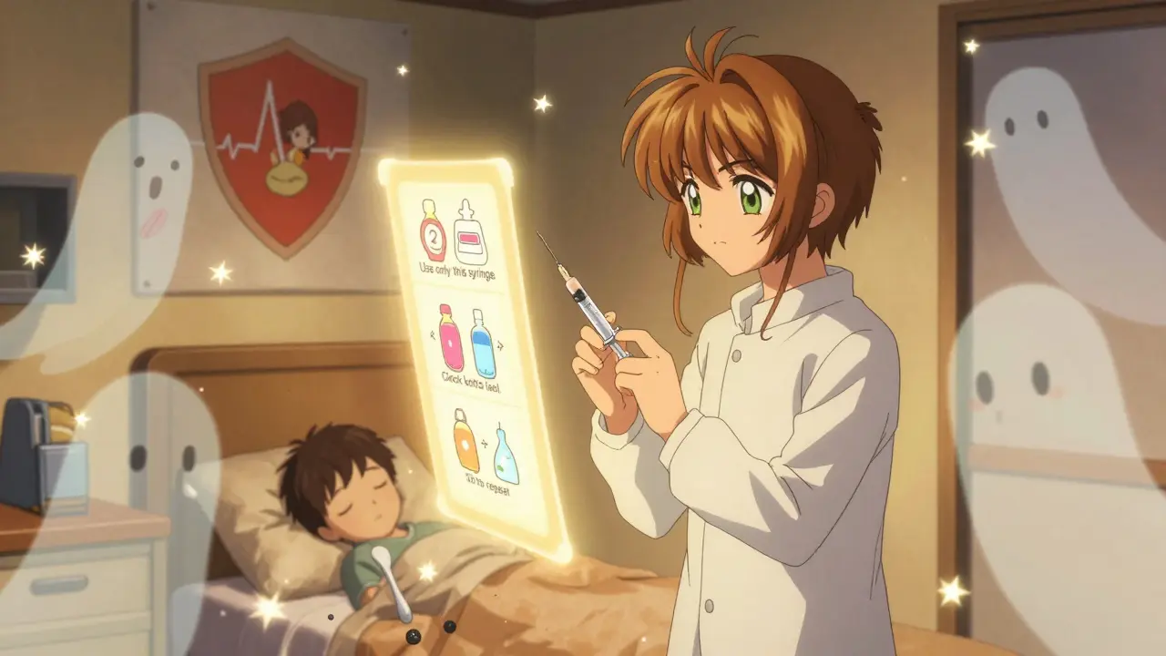 A parent uses a labeled syringe as floating pictograms guide them, while past errors dissolve into stars beside their sleeping child.