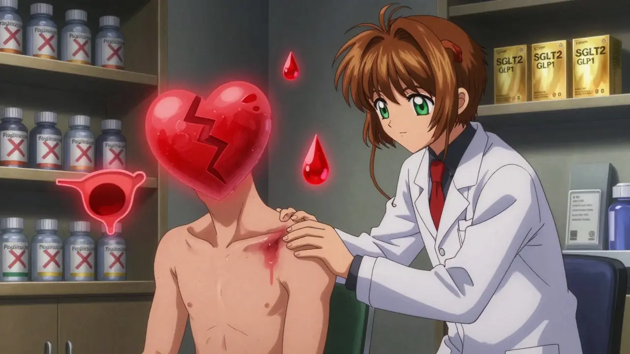 A patient surrounded by warning symbols of heart, bladder, and blood, with old and new diabetes medications on shelves.