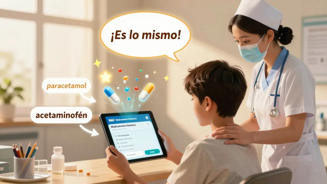 A patient views a tablet showing animated brand and generic pills with bilingual labels, as a nurse offers reassurance.