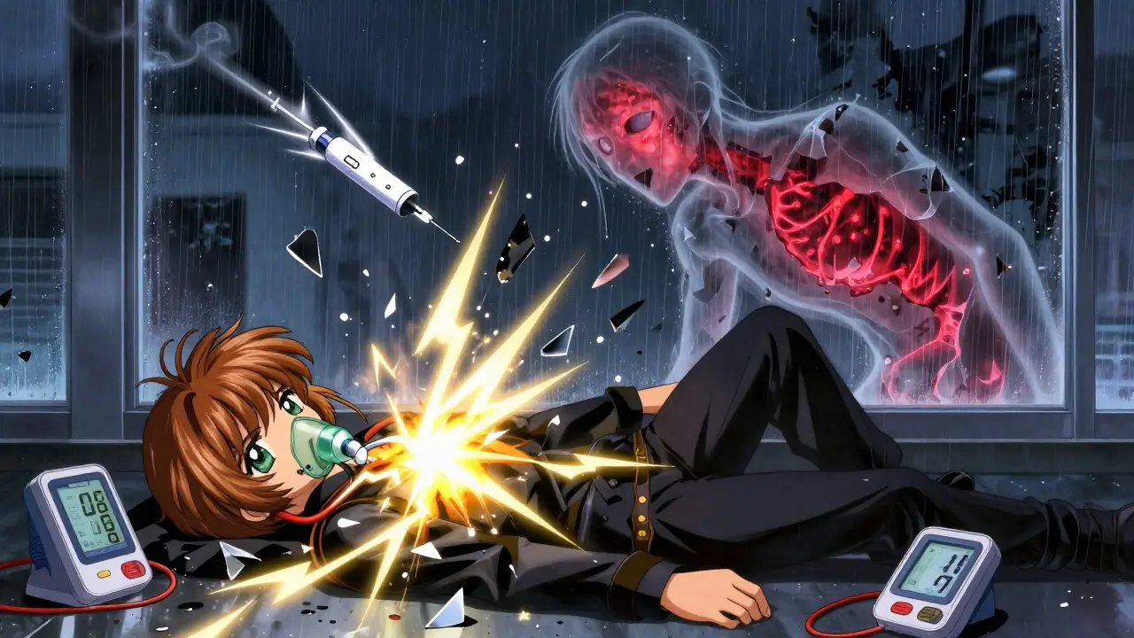 A person collapsing as epinephrine injects radiant energy, with skin peeling and vital signs failing in dramatic anime style.