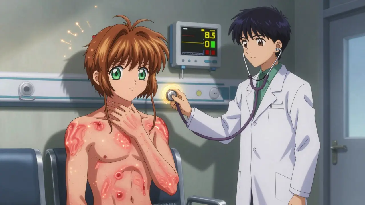 A person in a hospital with widespread hives and glowing fever sparks, being monitored by a doctor with golden diagnostic waves.