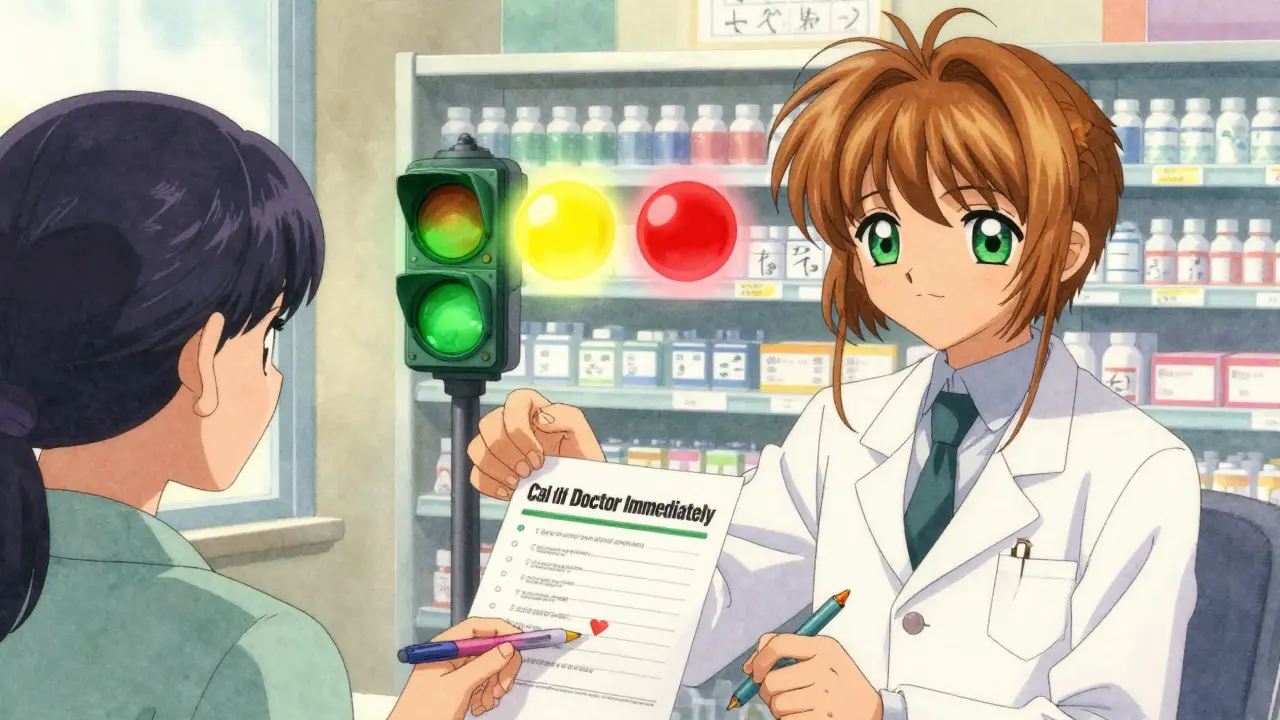 A pharmacist hands a patient a medication guide while a glowing traffic light system hovers above them.