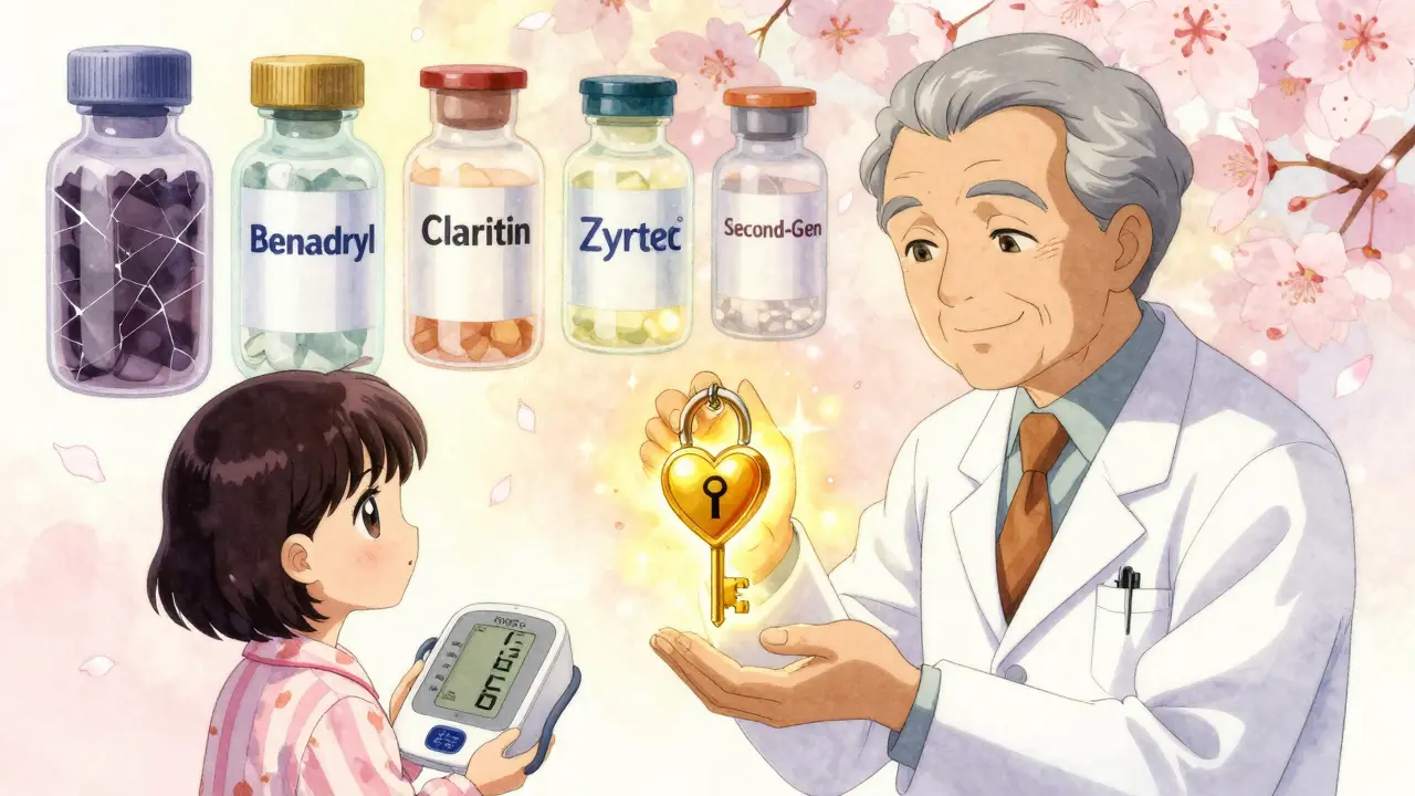 An elderly doctor unlocks a heart-shaped lock with a golden key labeled 'Second-Gen' antihistamines.