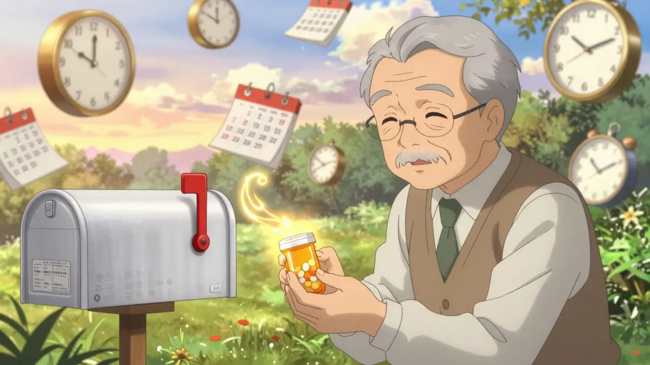 An elderly person picks up a pill from beside the mailbox, surrounded by glowing time symbols.