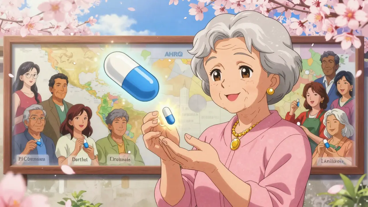 An elderly woman watches her old pill transform into a new generic one, surrounded by cultural symbols of Spanish-speaking communities.
