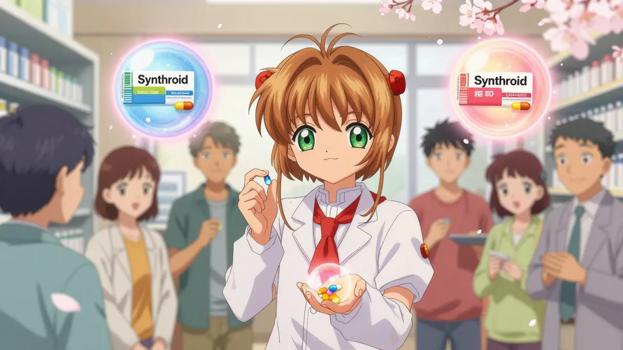 Patients in pharmacy with identical absorption orbs above their heads, representing equal drug effectiveness.