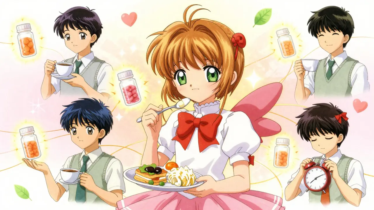 People take pills linked to daily routines, with glowing halos and floating health symbols.