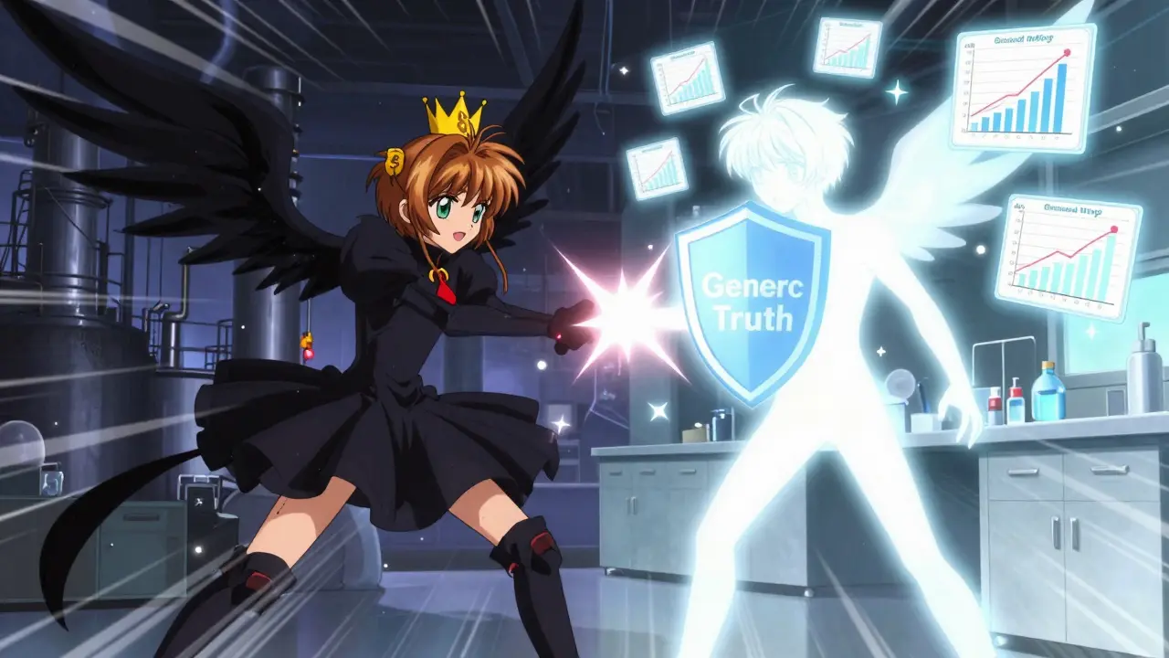 Spectral battle between 'Brand Myth' and 'Generic Truth' with FDA shield and scientific graphs.