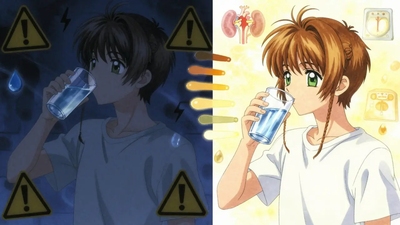 Split scene of nighttime overhydration vs. steady daytime hydration with urine color charts in dreamy manga style.