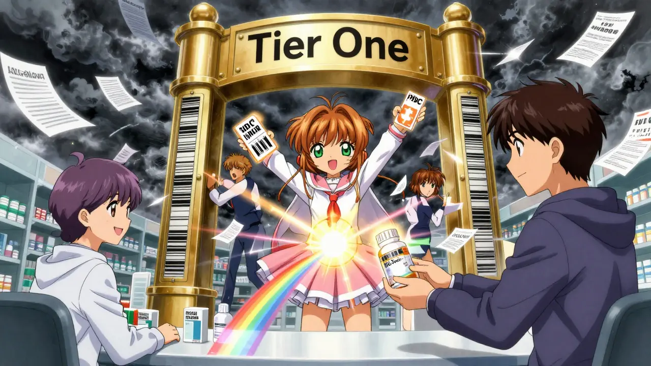 Three companies race to reach a golden PBM gate, each holding a glowing barcode, as a patient receives their first generic pill.