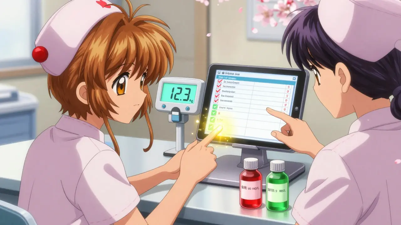 Two nurses perform a double-check with glowing scales and dosing protocols, while two labeled medicine bottles emit different colored lights.
