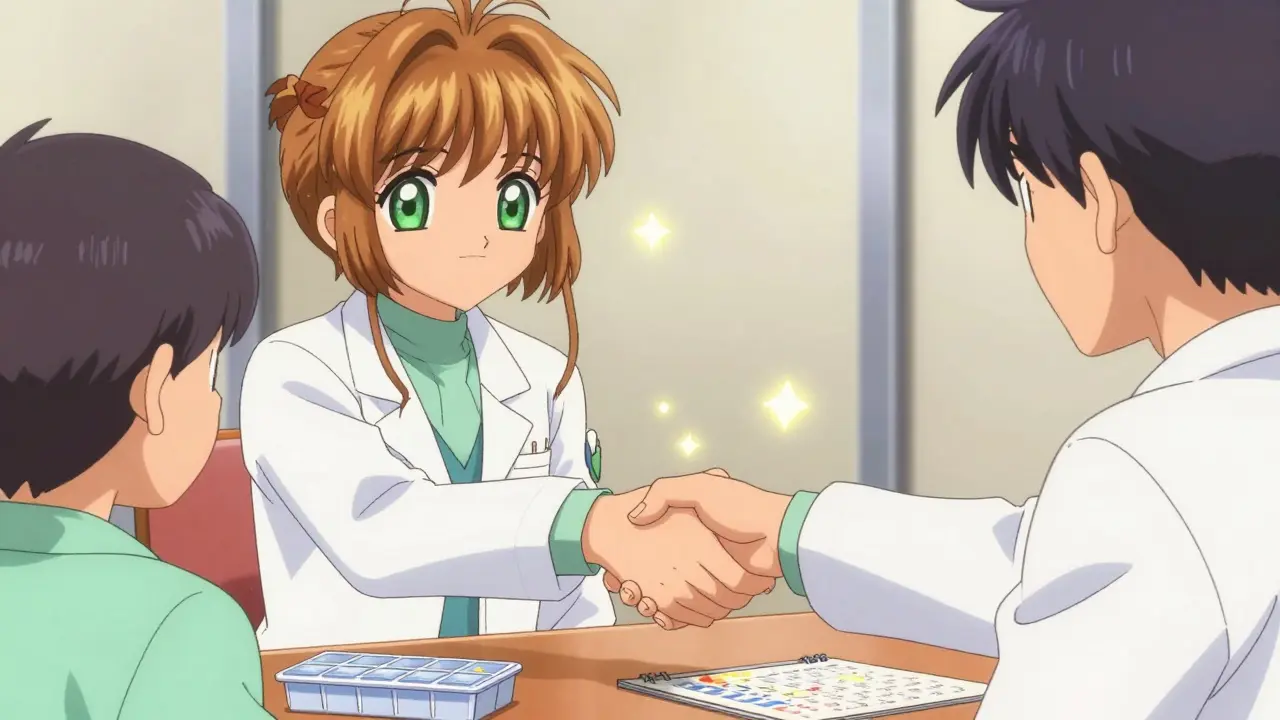 A doctor and patient shaking hands over a simplified medication plan in a soft anime aesthetic.