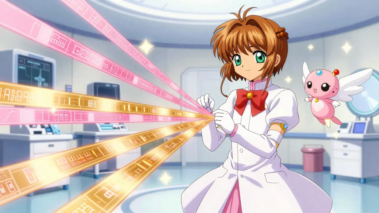 A futuristic medical setting with glowing data ribbons and a cute AI spirit assistant