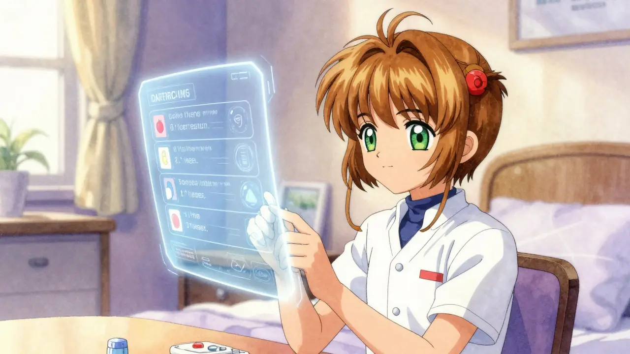A person interacting with a glowing holographic personalized health plan in a whimsical anime style.