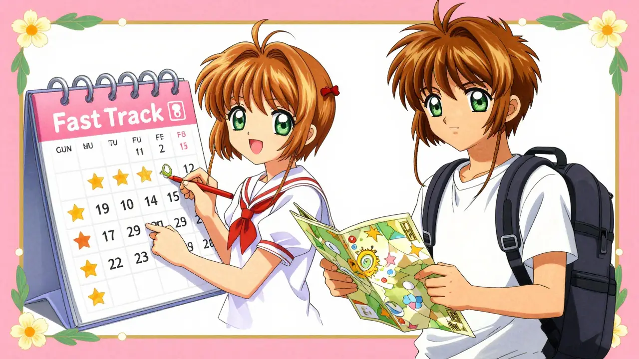 A person marking a calendar and a traveler with a backpack, depicting vaccine scheduling and travel prep.