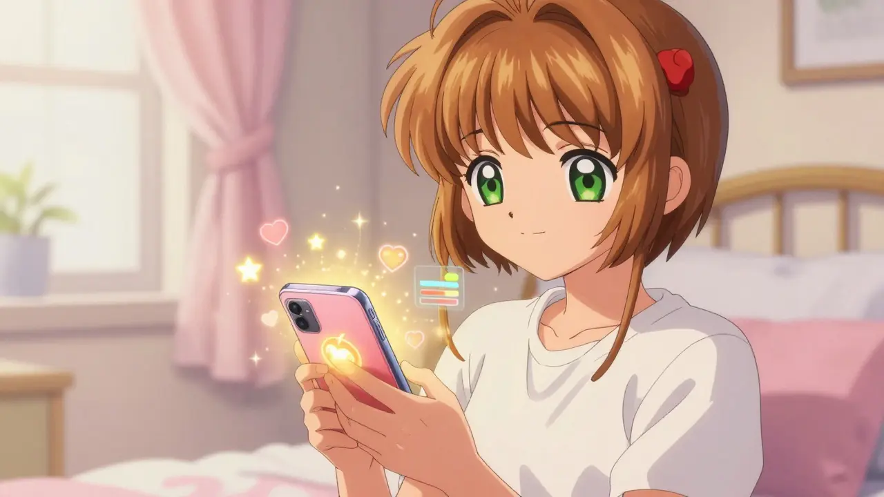 A person using a smartphone app to report health symptoms with magical data elements