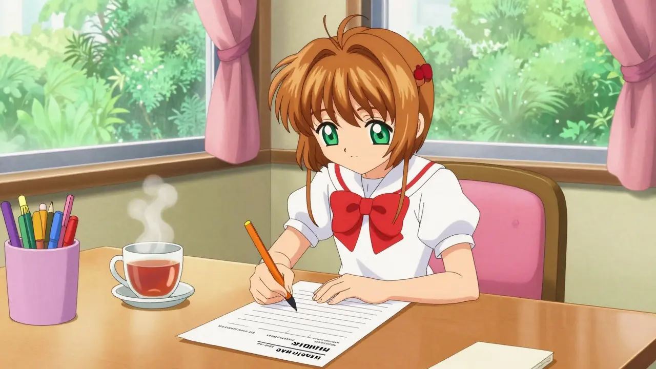 A person writing a living will at a cozy desk surrounded by cute stationary and plants.