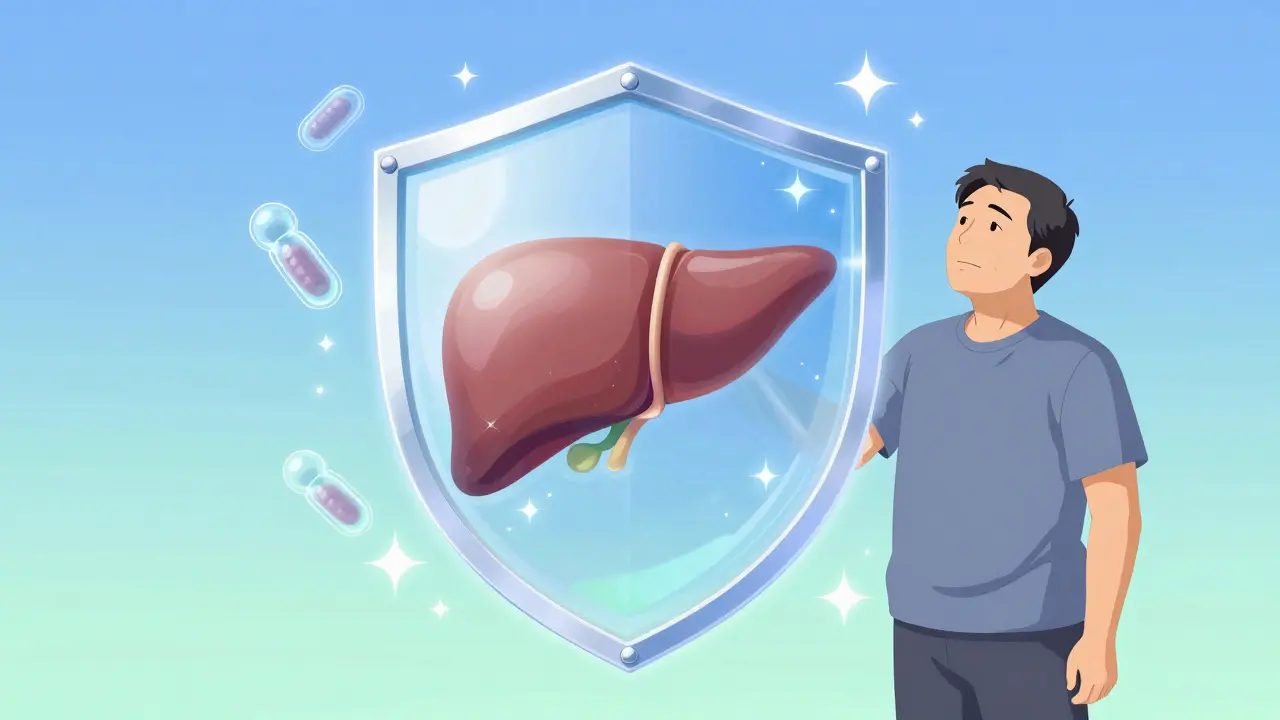 A translucent magical shield protecting a liver, symbolizing lifelong immunity from hepatitis vaccines.