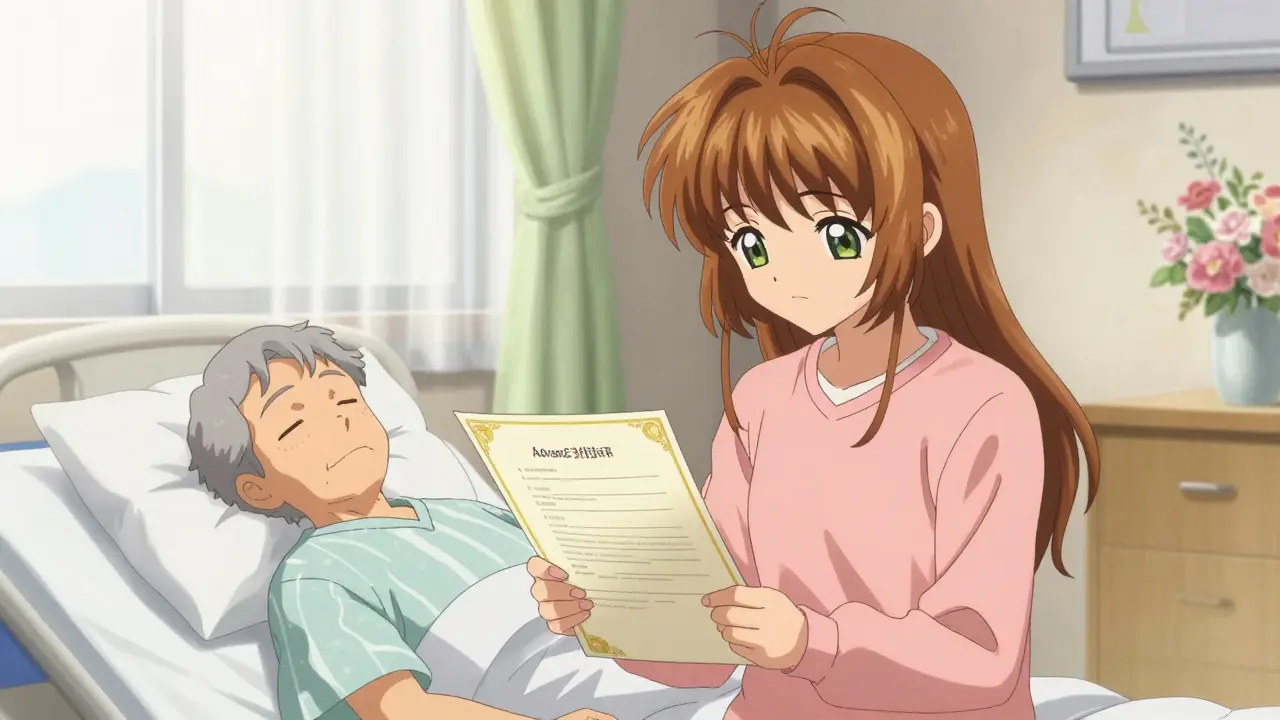 A woman holding a legal document by a patient's bedside in a soft, sunlit hospital room.