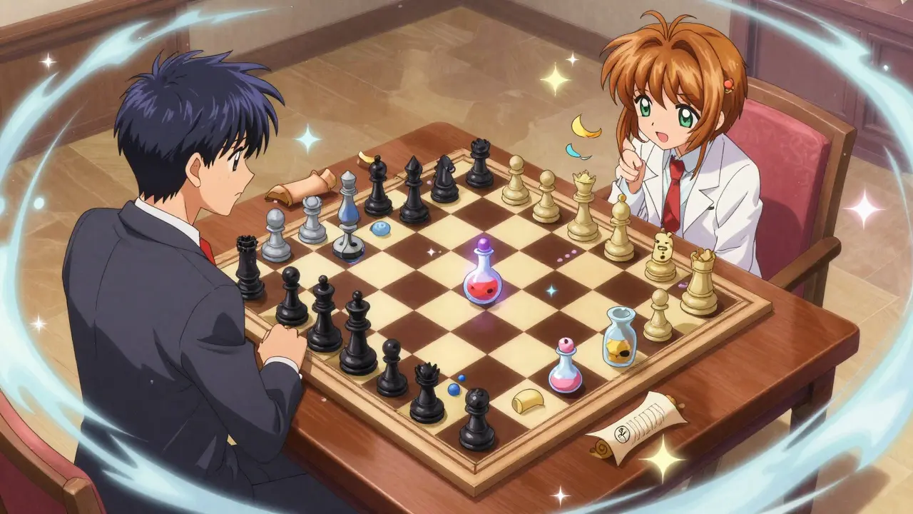 Anime characters playing a high-stakes game of chess with medicine bottles and scrolls.