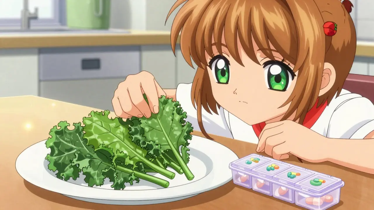 Anime illustration of healthy leafy greens next to a pill organizer on a sunny table