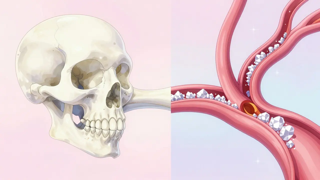 Anime illustration showing porous bone structure and calcium crystals depositing in a red artery.