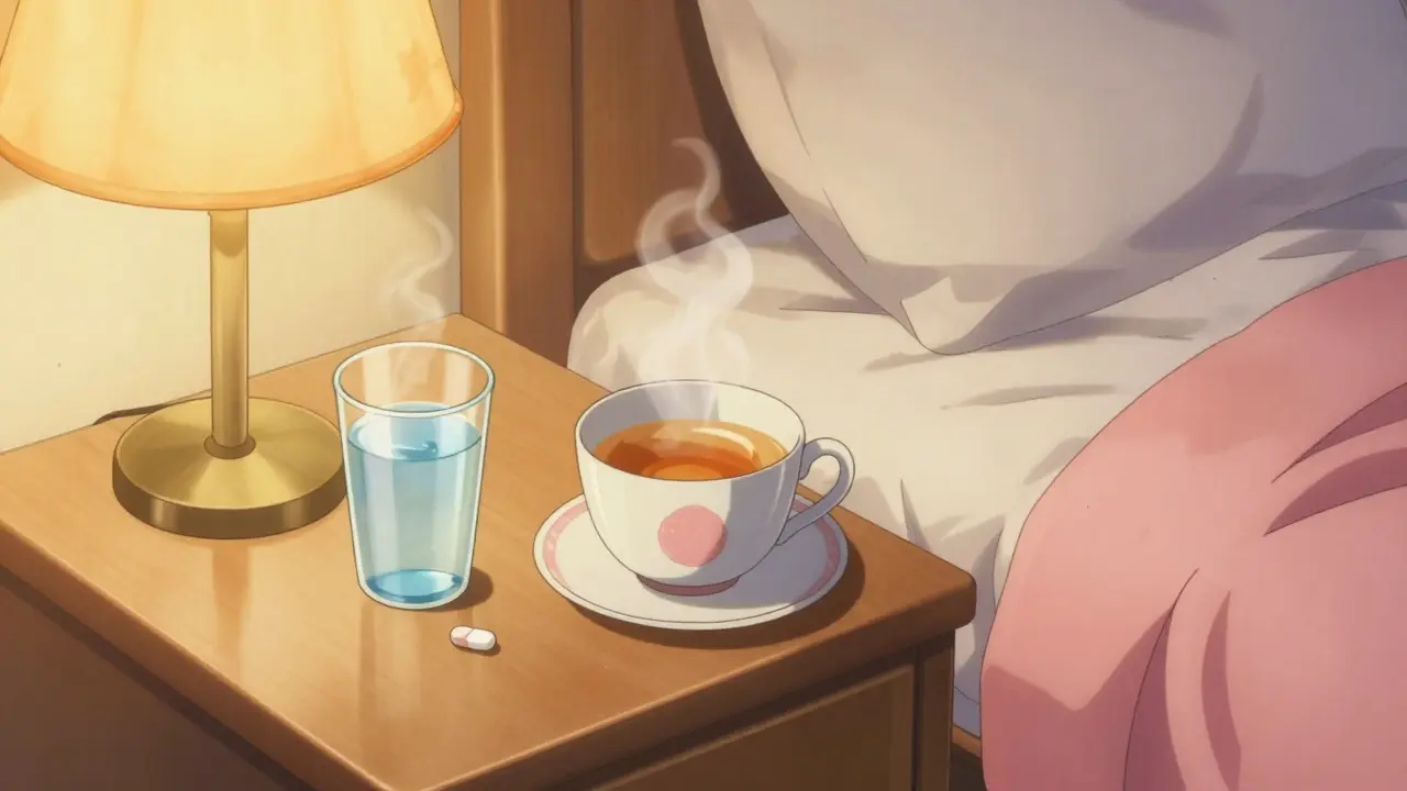 Anime style bedside table with a glass of water, a pill, and a steaming cup of ginger tea
