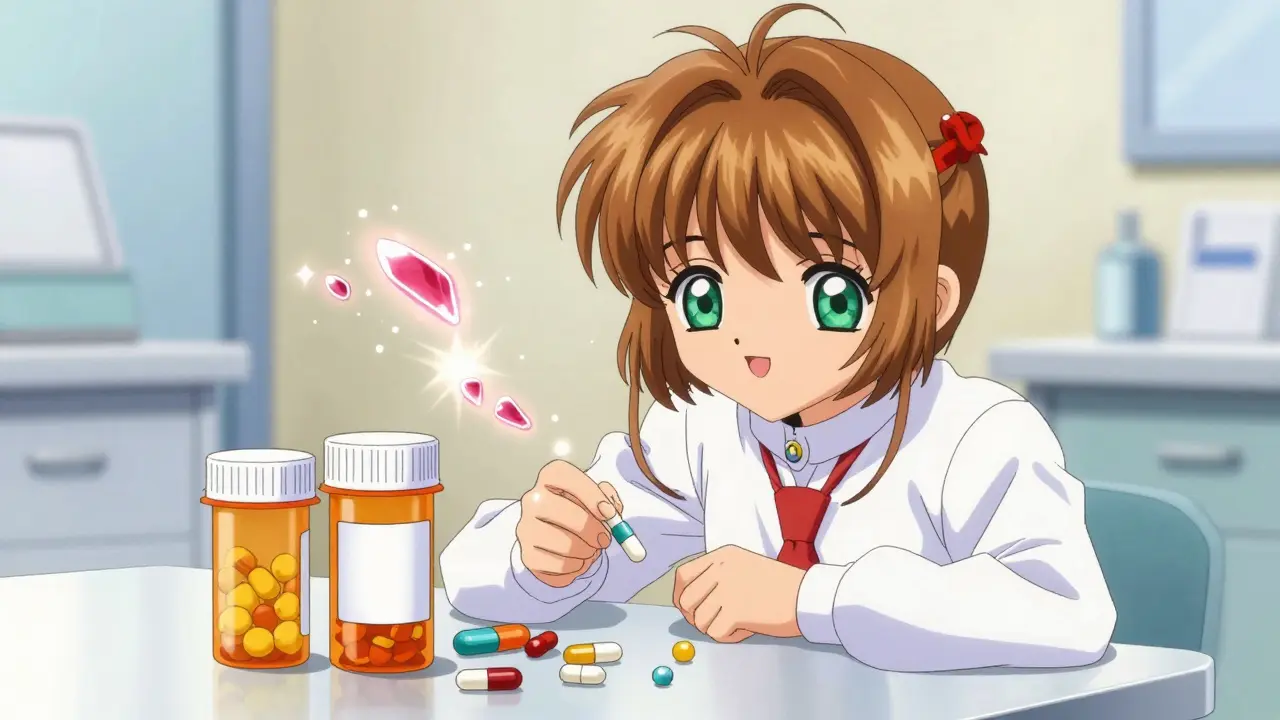 Anime style illustration of medication bottles with shimmering magical effects