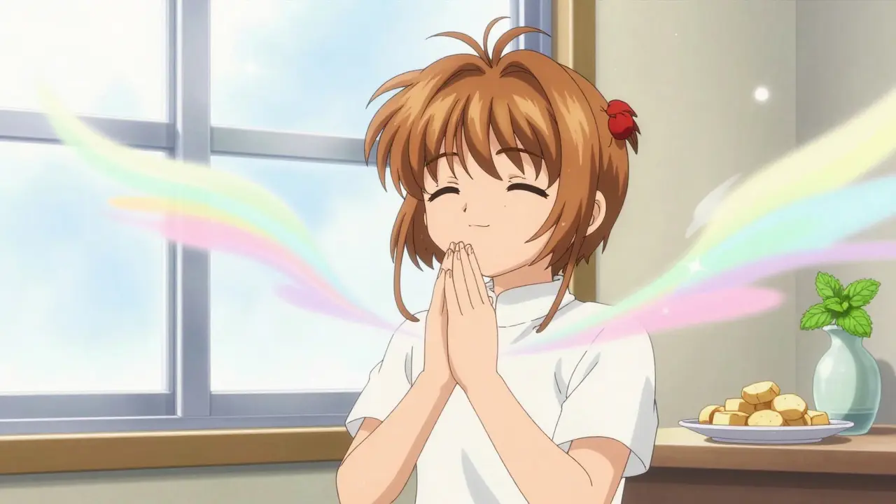 Anime style person practicing deep breathing with swirling gentle wind for nausea relief