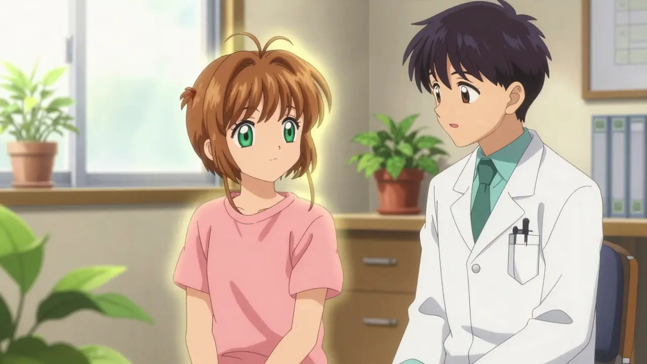 Anime style scene of a patient and doctor talking in a sunlit office
