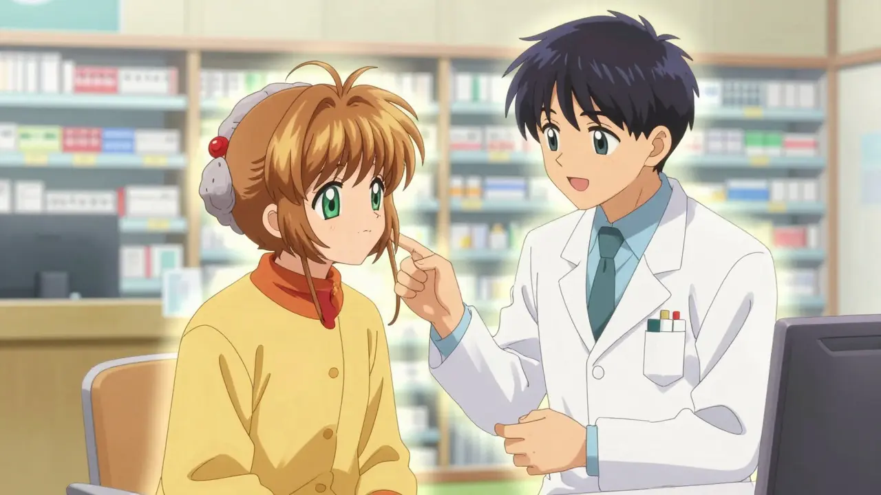 Cheerful elderly person and pharmacist talking in a bright, airy anime setting.