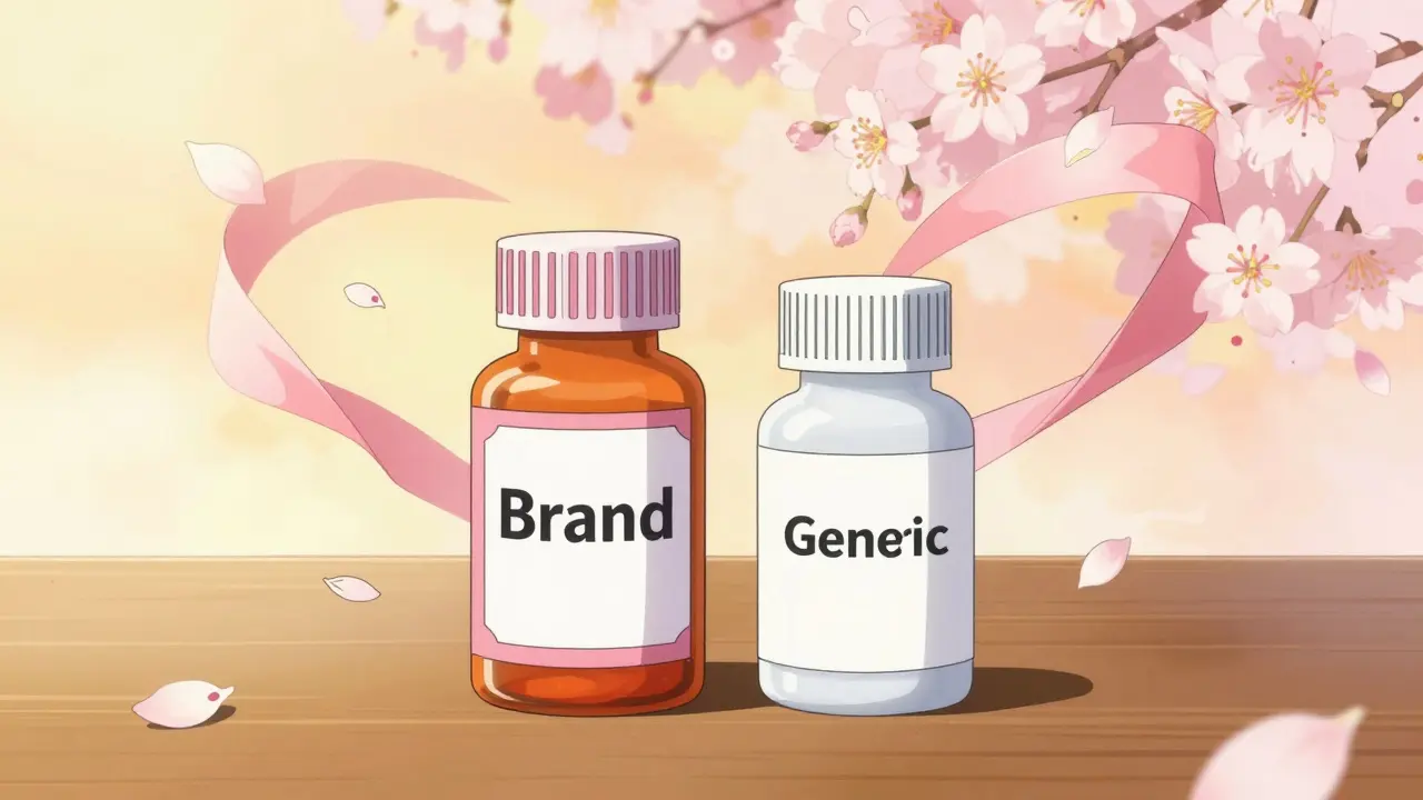 Comparison of brand and generic medicine bottles with magical floating ribbons.