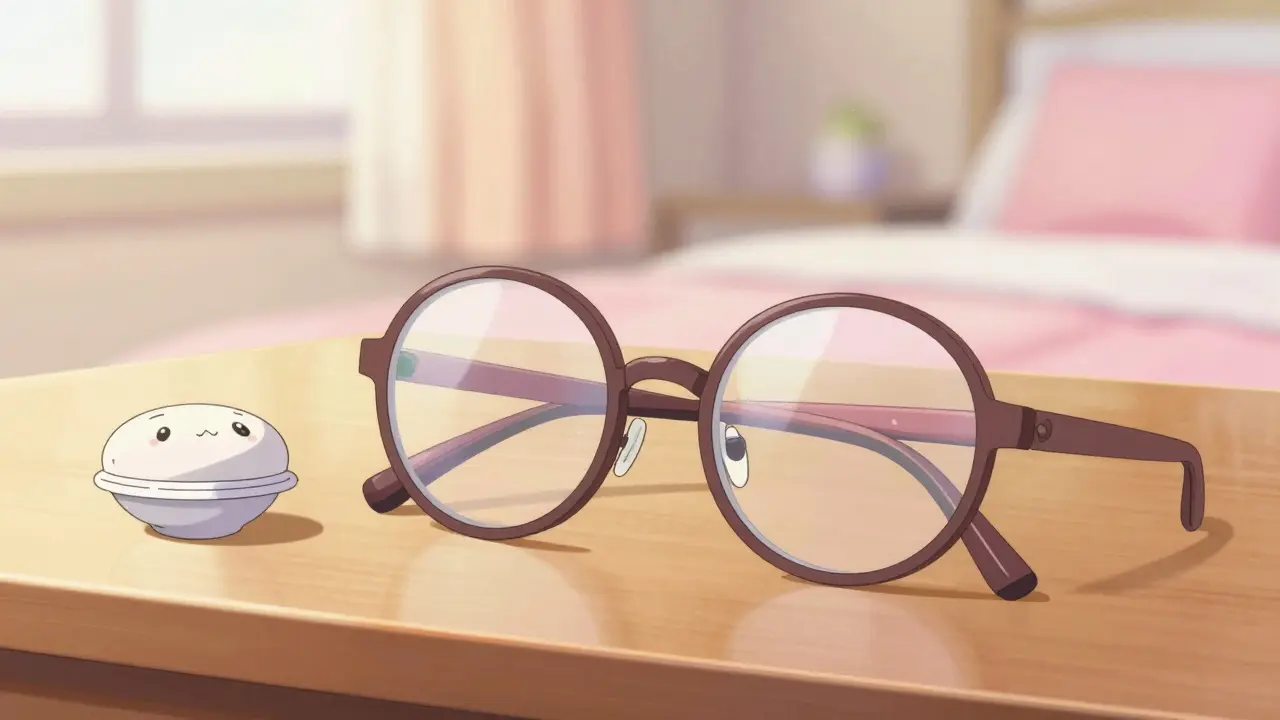 Cute round eyeglasses and contact lens case on a table in soft pastel tones