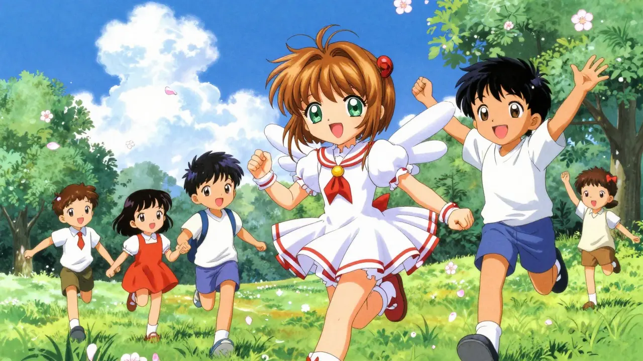 Happy children playing in a bright, sunny park with cherry blossoms