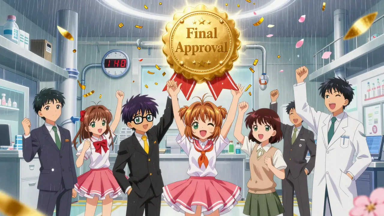 Joyful anime team celebrating the conversion to final approval with gold confetti.