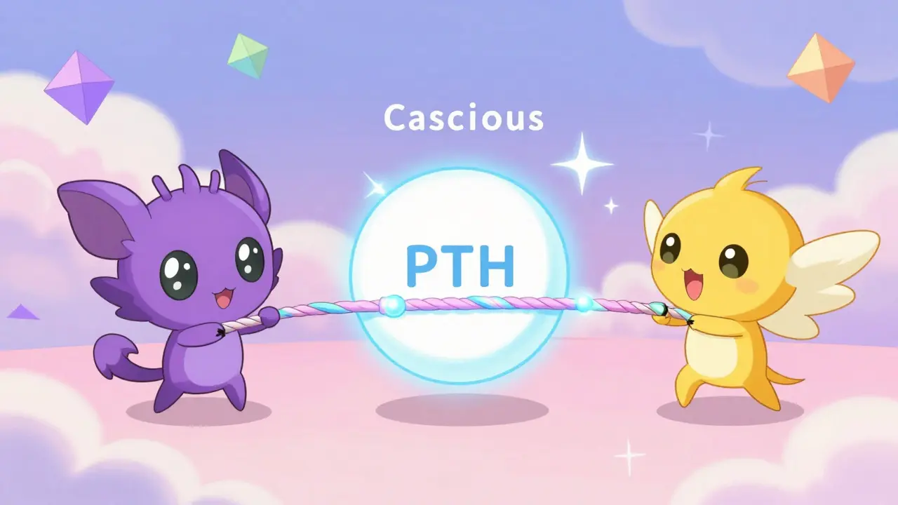 Three cute anime spirits pulling a glowing rope, representing the struggle between calcium, phosphorus, and PTH.