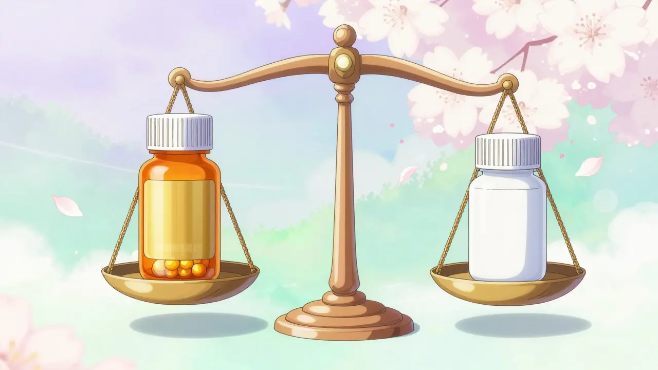 Whimsical anime scene with a balance scale comparing brand-name and generic medication costs