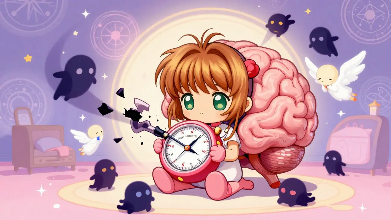 Cute brain character with broken thermostat symbolizing pain-sleep cycle