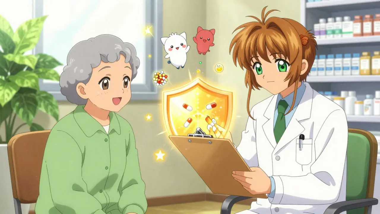 Doctor and patient reviewing medications with a protective golden glow and magical helpers