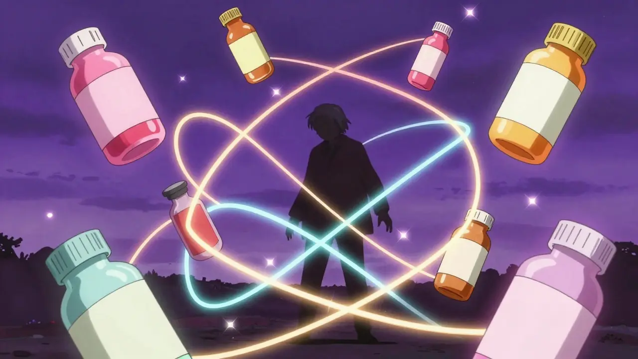 Floating medicine bottles connected by glowing threads symbolizing drug interactions