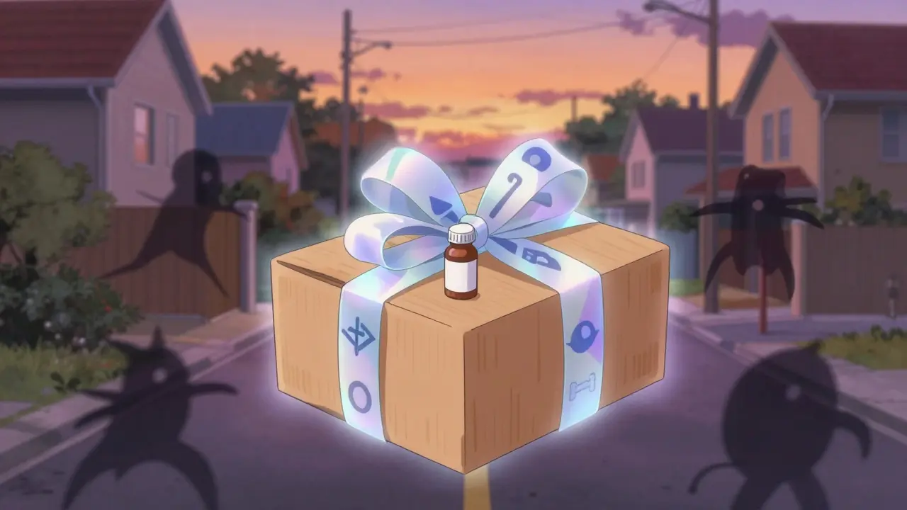 Glowing protective barrier surrounding a safe medication delivery package.