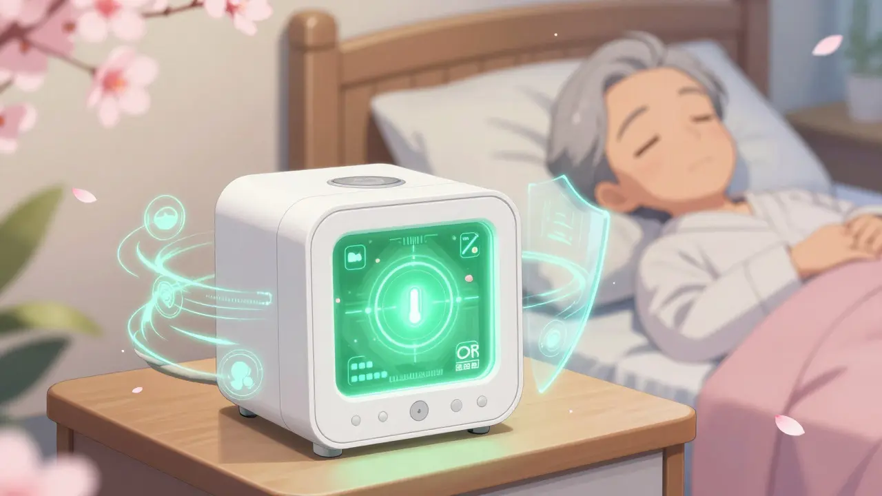Glowing smart med cabinet protects sleeping resident with magical data streams.