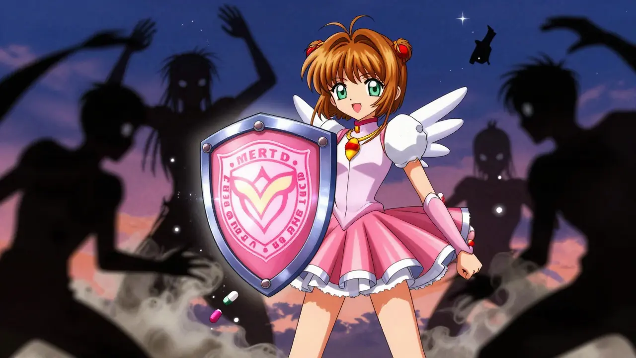Heroic figure protecting against scam shadows with a shield
