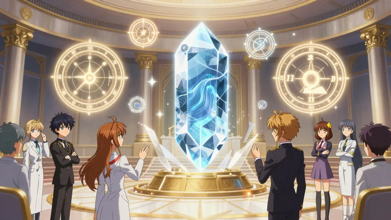 Magical council chamber with a glowing crystal displaying safe drug curves, surrounded by regulatory seals and researchers.