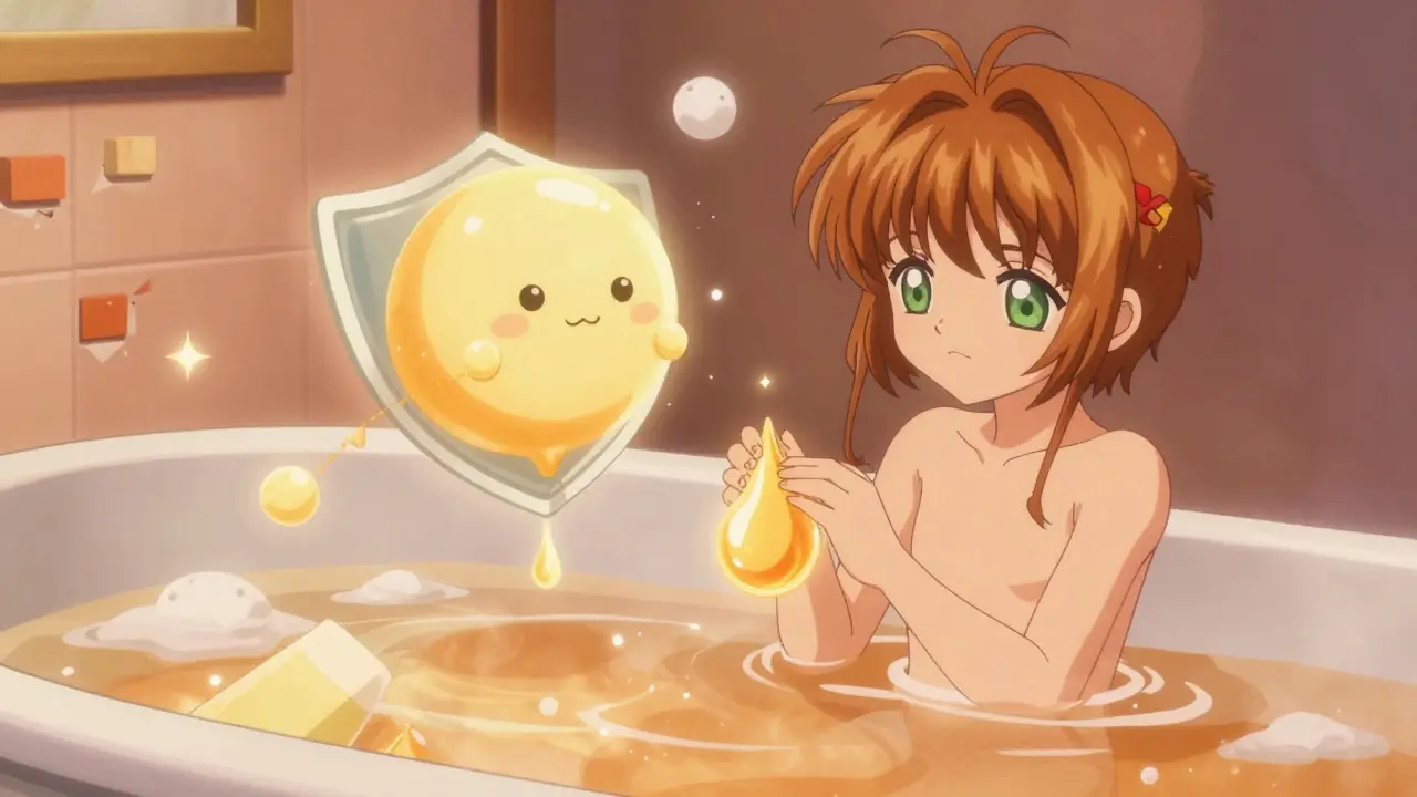 Magical ingredients repairing skin in a warm, steamy bathroom