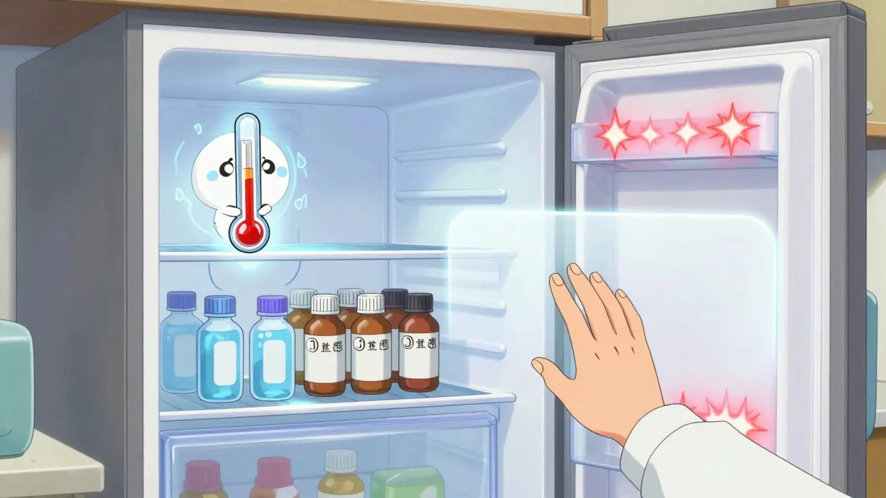 Magical thermometer shows safe vs unsafe fridge spots for meds in anime style.