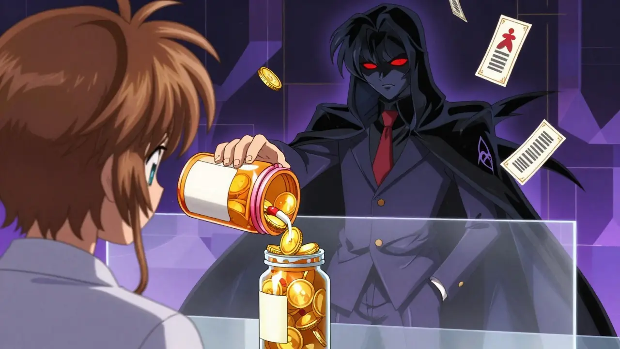 Manga-style figure representing a PBM keeping profits from drug pricing.