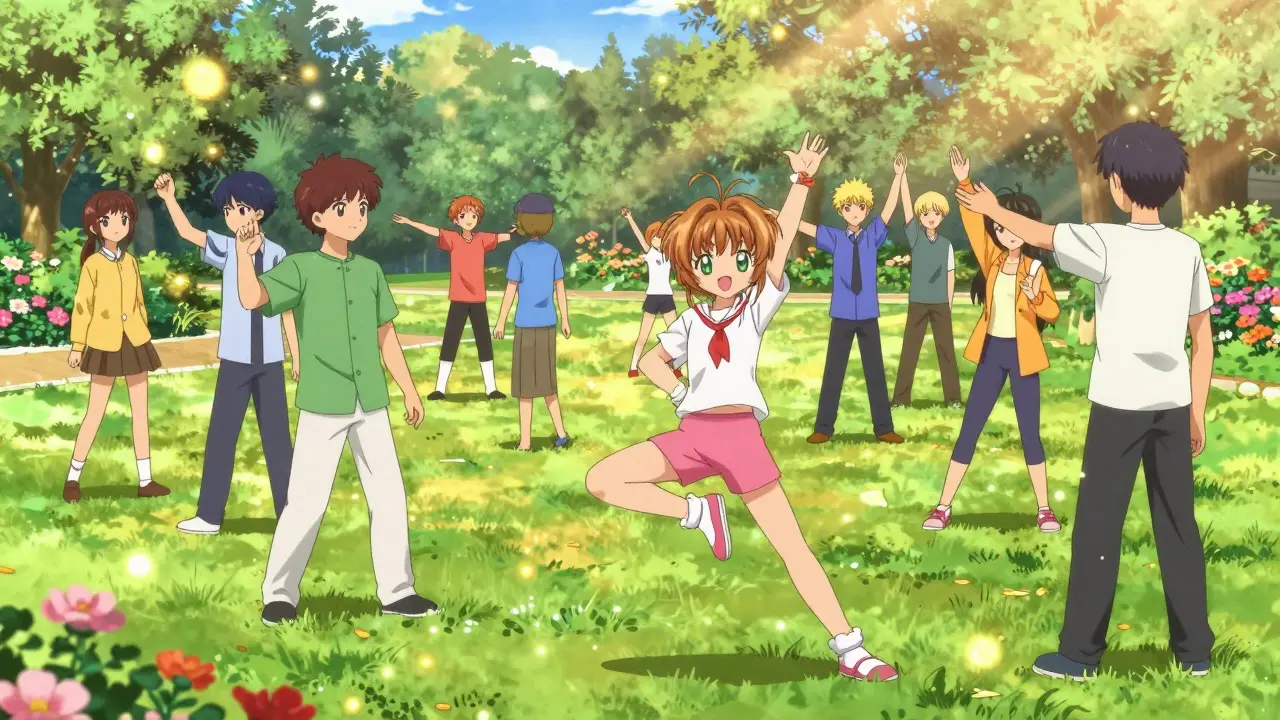 People doing gentle exercises together in a magical, sunlit park setting.