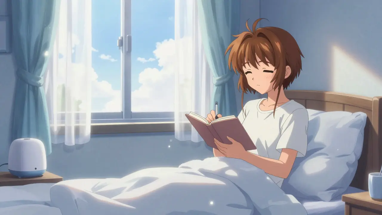 Serene anime girl writing sleep diary in sunny peaceful bedroom