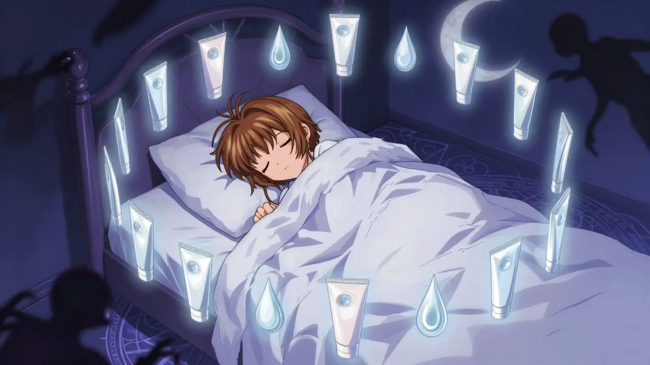 Sleeping character protected by glowing moisturizing magic seals